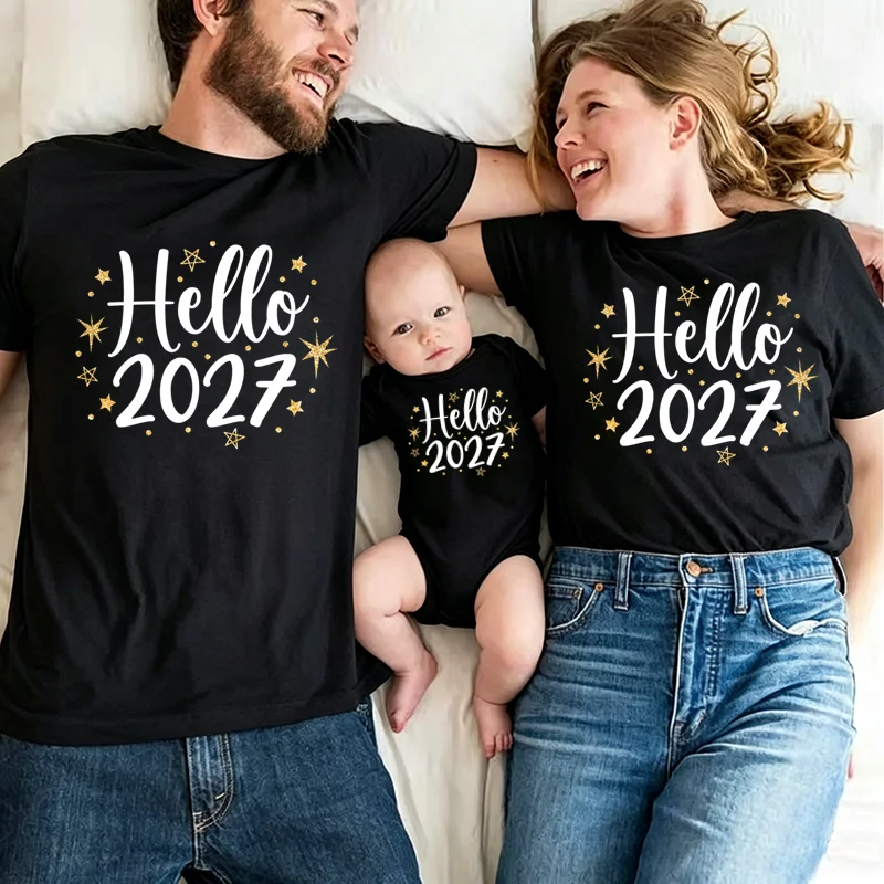 Hello 2027 Family Matching T Shirts Mother Father Baby Bodysuit New Year Family Look Outfit New Year Party Photography Clothes
