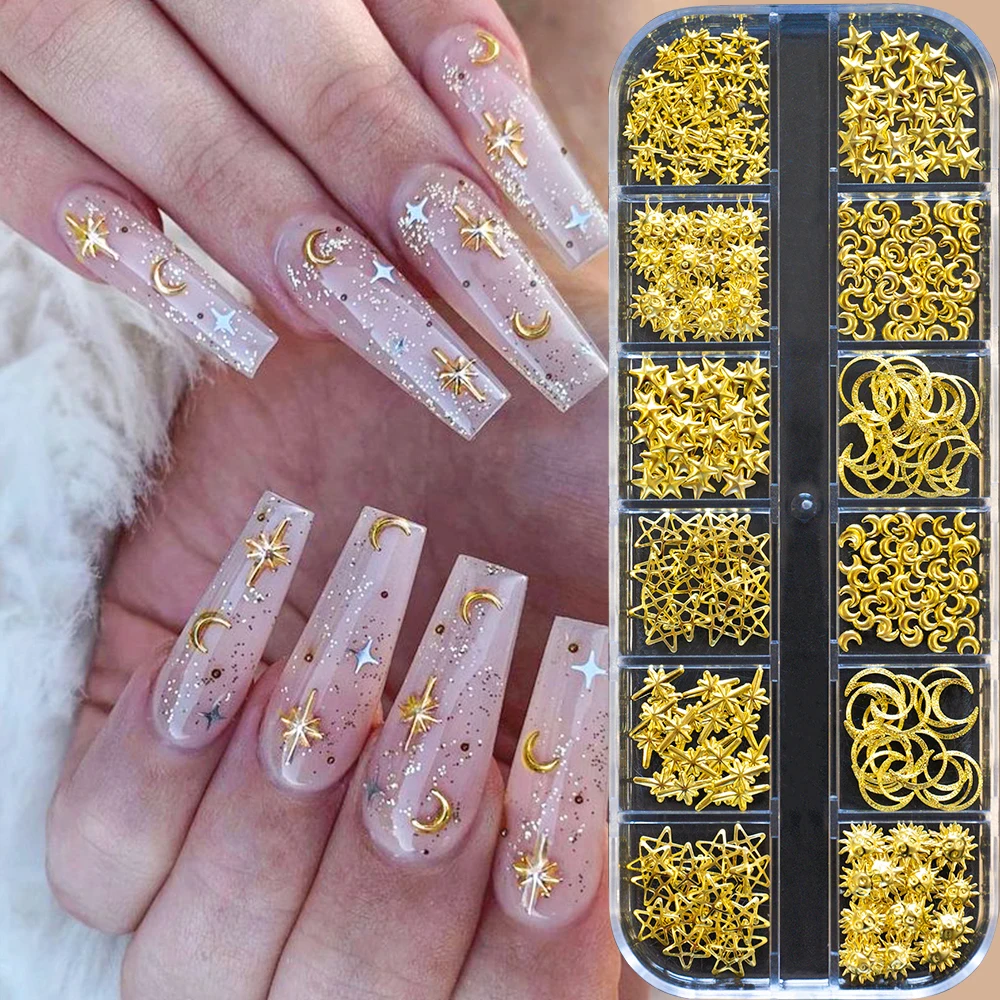 12 Gitter Gold Stern/Mond 3D Nail Art Charms 0,1*0,1/0,2*0,2/0,3*0,3 Zoll Luxus Legierung Niete Y2K funkelnde DIY Maniküre Edelsteine Strasssteine