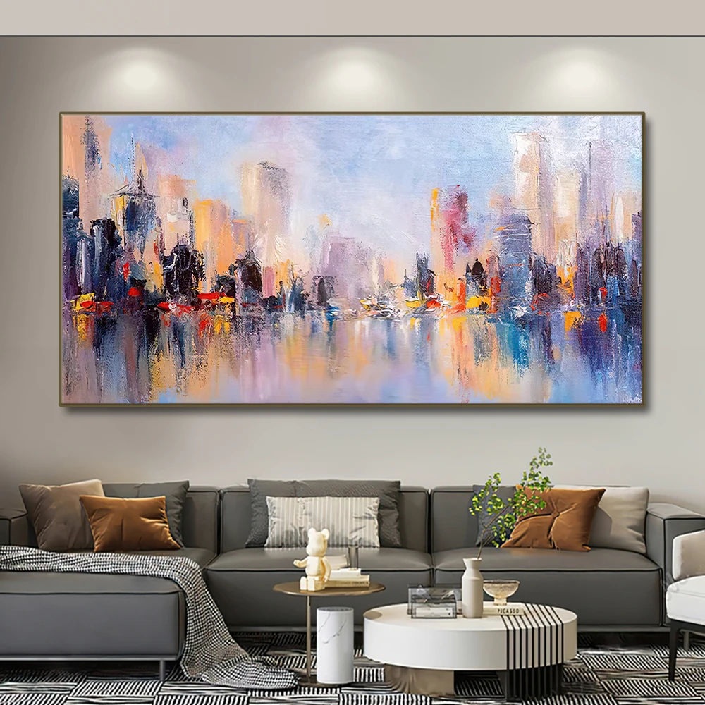 

Handmade Oil Painting Skyline City View with Reflections on Water Abstract Landscape Canvas Painting for Modern Livingroom Decor