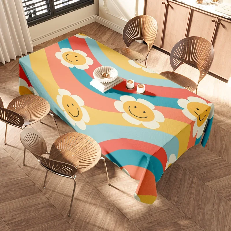 Dining Tablecloth Bright Sunflower Print for Kitchen Home Decoration Washable Spandex Table Linen Cover Yellow Flowers Pattern