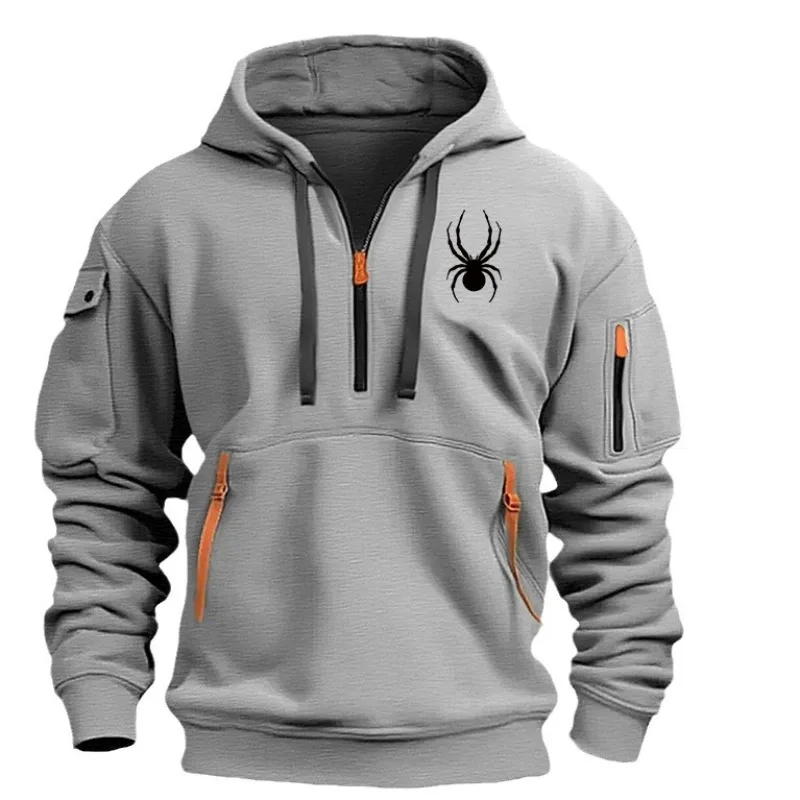 2024 new men\'s casual hoodie Autumn winter plus fleece multi-pocket zipper hoodie Spiderman print loose plus size coat