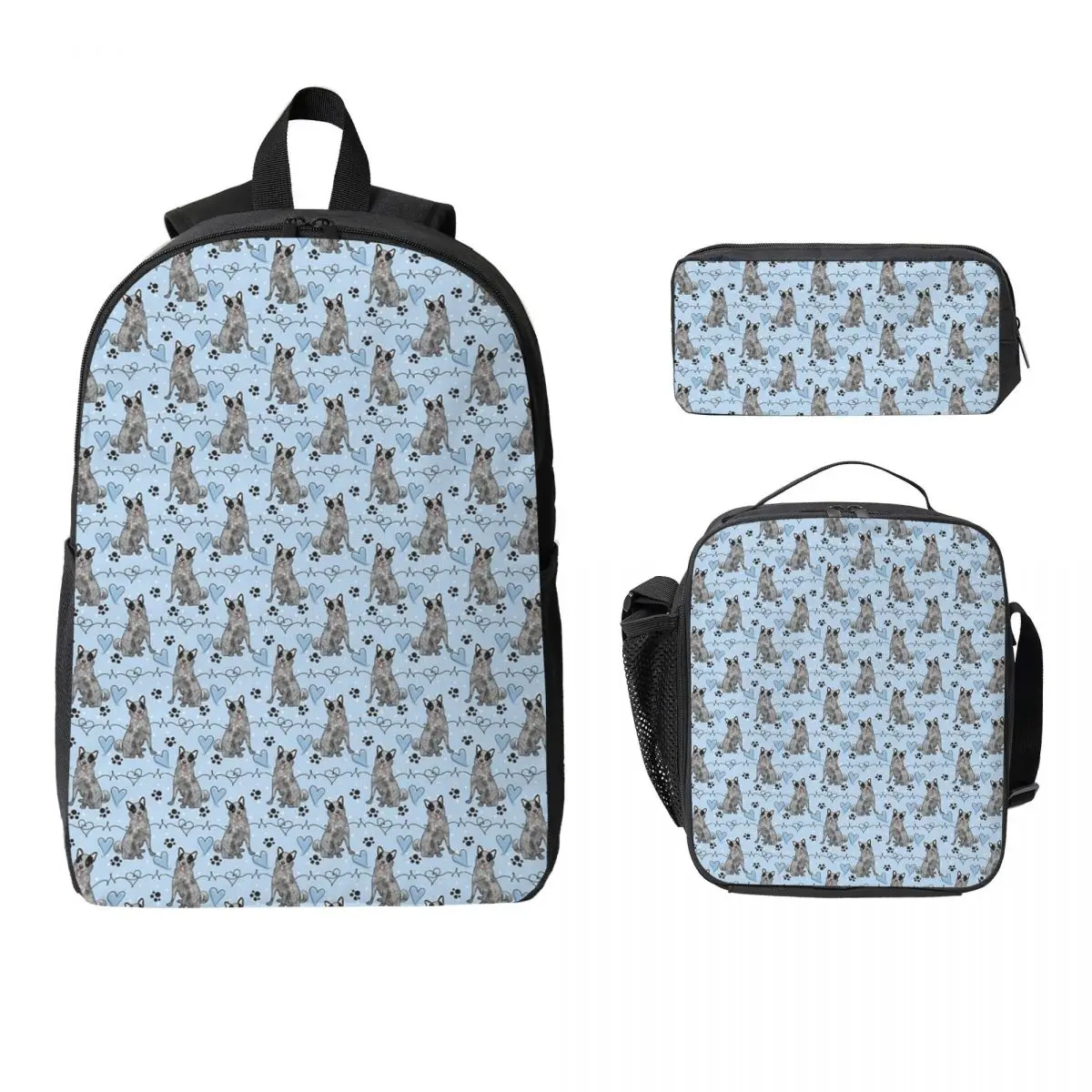 

LOVE Blue Heeler Australian Cattle Dog Backpack Student Boys Girls BookBag School Bag 3ps Insulated Lunch Bag Pencil Case