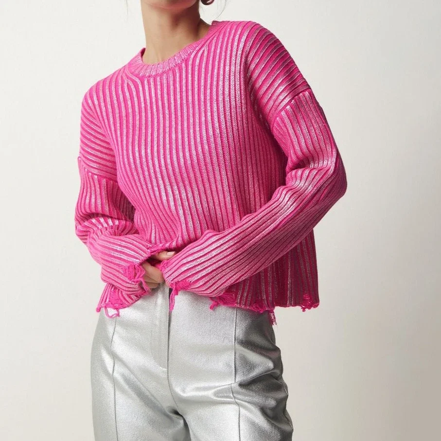 Свитер с серебряным принтом из фольги, женский минималистичный пуловер большого размера