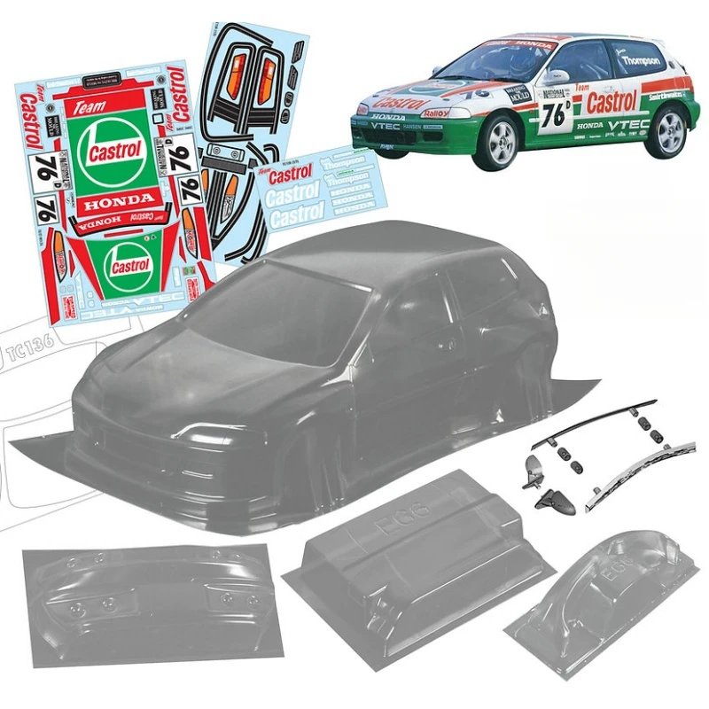 TC136 1/10 Honda EG6 Clear Lexan Body shell W/Rear Wing + Rear Mirrors and Light Buckles for RC Drift Car 260mm Chassis Tamiya