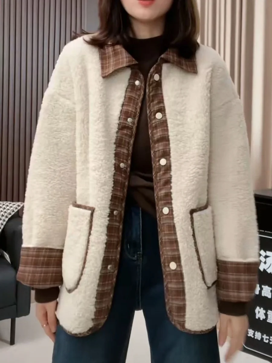 

Lamb Wool Jacket Women Hood Student Slim Fit Button Through Canvas Detail Vintage Aesthetic Harajuku Vibe Cowgirl Cargo Style GF