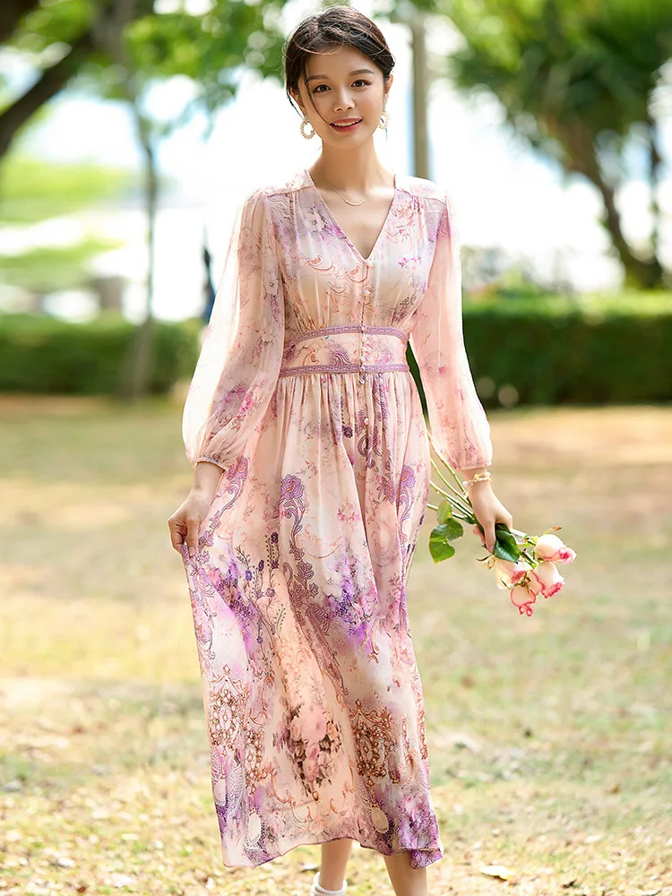 Winsleter - Elegancka sukienka damska ze 100% prawdziwego jedwabiu, dekolt w serek, rękaw 3/4, wzór, francuskie sukienki na wakacje na plaży, nowość jesień 2025 D59673CC