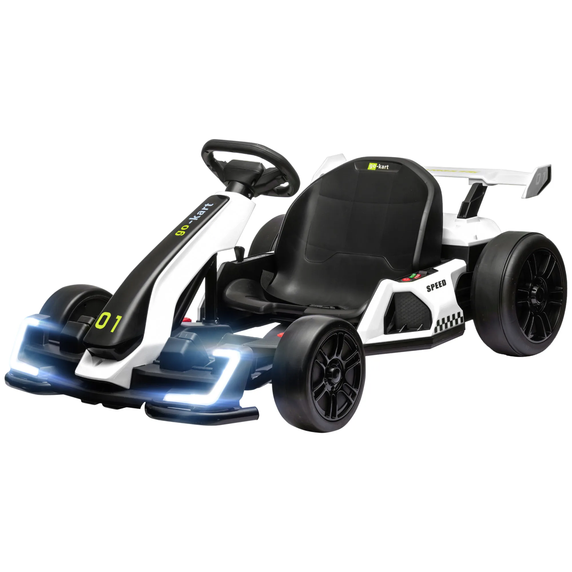 

White Black Electric Drift Go Kart for Kids 6 12 24V Battery Speed 3 7 7.5Mph Adjustable Seat Horn Music 110Lbs