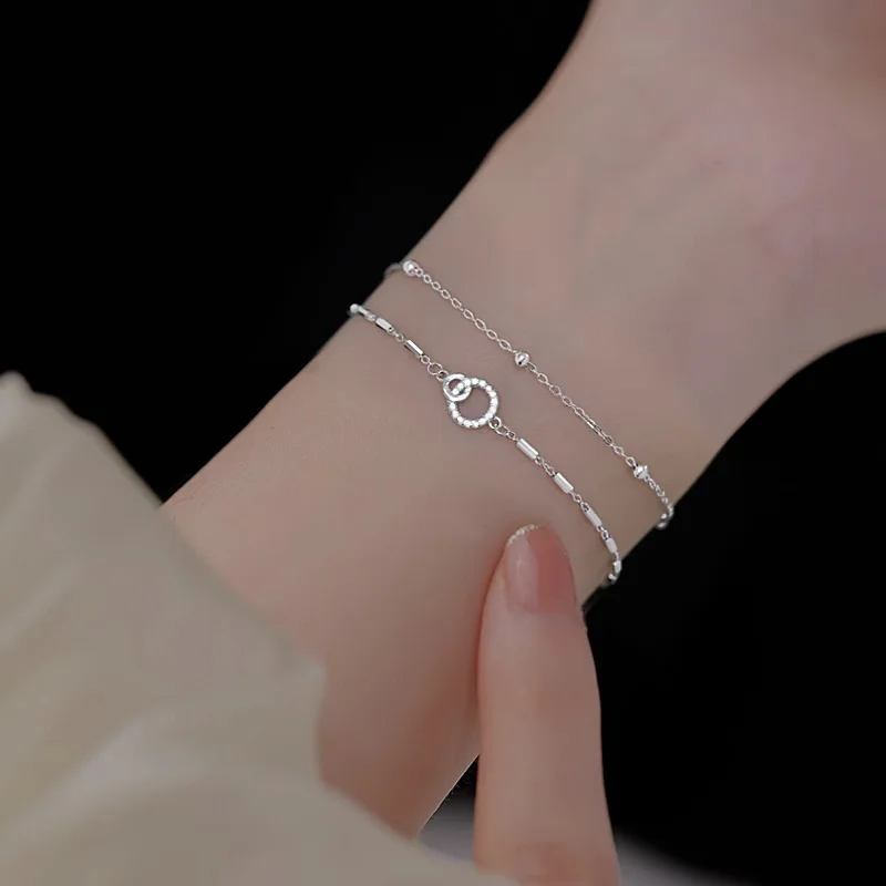 925 Sterling Silver Double Layer Zircon Bracelet Simple Style Charm Bracelet Birthday Party Gift for Women's Exquisite Jewelry
