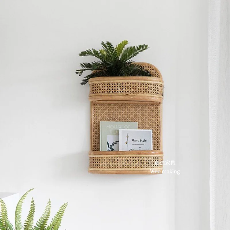 ins rattan rack literary and retro rattan products handmade old one-character small shelf