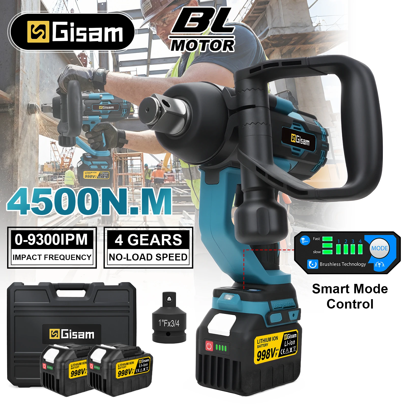 Gisam 4500 N.M Drehmoment Bürstenloser Elektrischer Schlagschrauber 1 Zoll Kabelloser Lithium-Ionen-Akku-Schrauber für Makita 18V Akkupins
