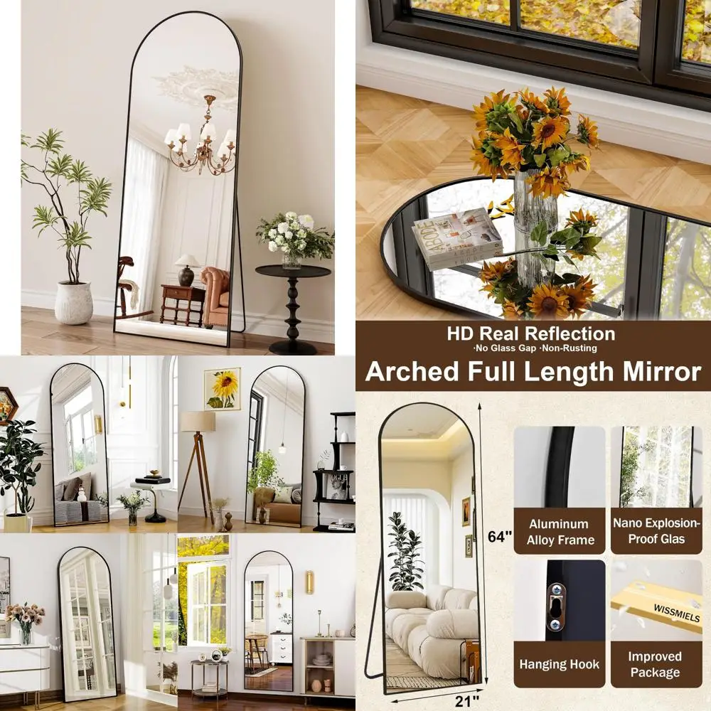 Gebogen, aan de muur gemonteerde aluminium framespiegel over de volledige lengte voor badkamer, woonkamer en slaapkamer