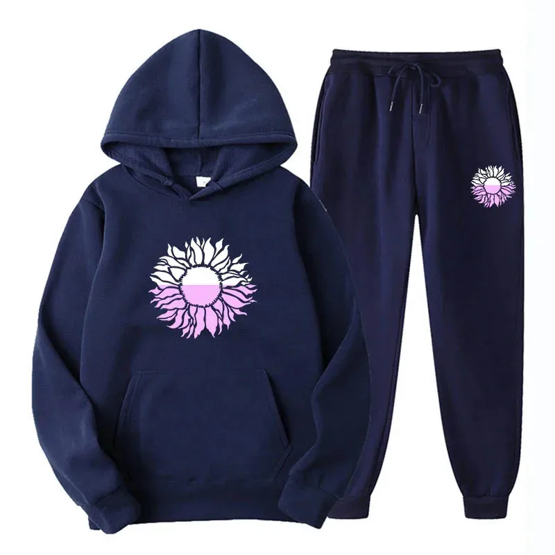 Men Warm Pullover Sets Fashion Printed Solid Color Hooded Sweatshirt + Pants 2PCS Woman Daily Home Wear