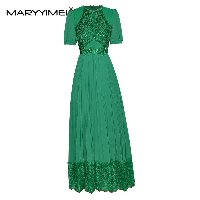

MARYYIMEI Fashion Designer dress Summer Women Dress Short sleeve Sashes Applique Sequin Embroidery Lace Purple pleated Dresses