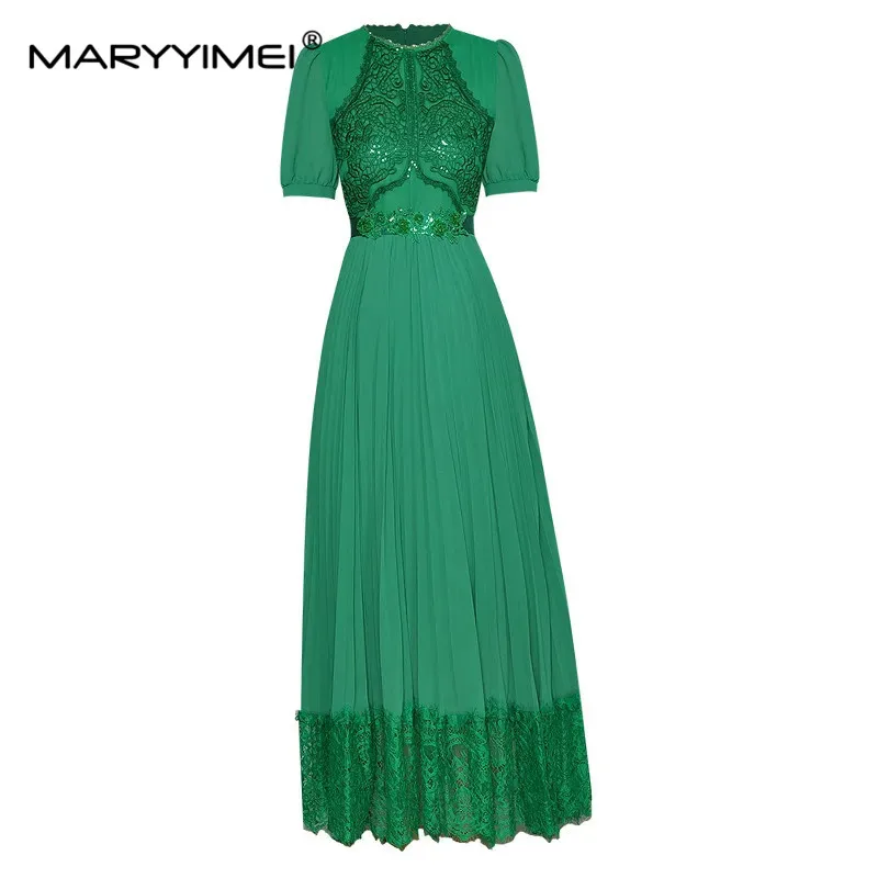 MARYYIMEI Fashion Designer dress Summer Women Dress Short sleeve Sashes Applique Sequin Embroidery Lace Purple pleated Dresses