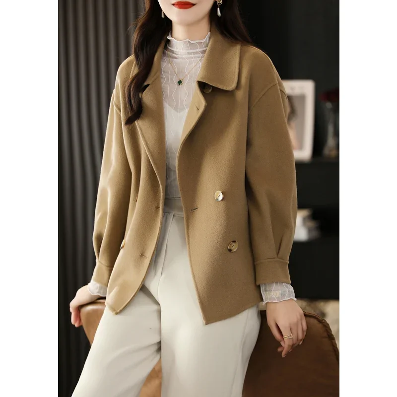 Double-Sided Cashmere Coat for Women, Short Korean Loose, Horn Buckle, Pure 100% Wool, Autumn, Winter, 2024