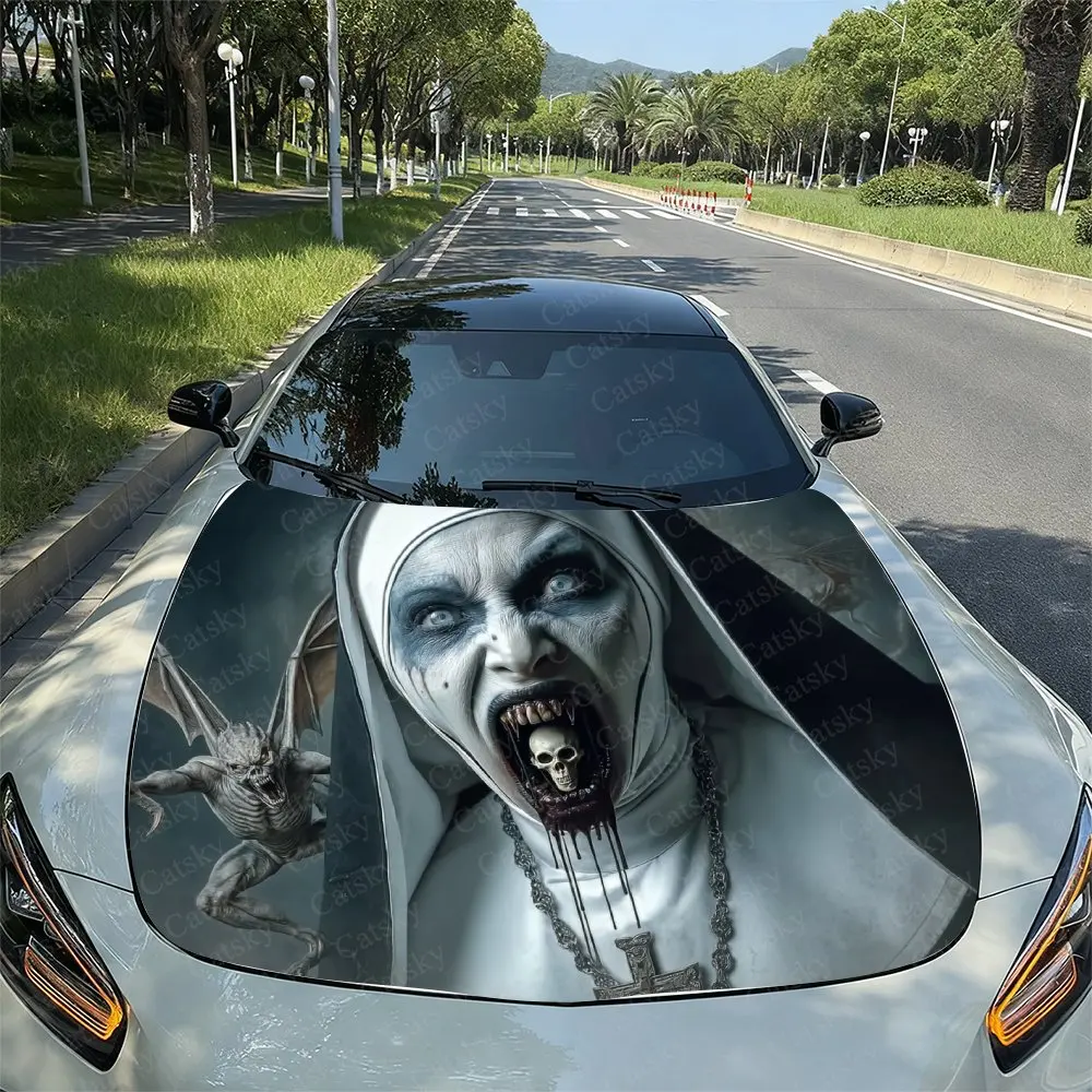 Gothic Horror Nun Car Vinyl Wraps, Engine Hood Decals, Splash-Resistant Features, Easy To Remove, Suitable For Hood Decoration.d
