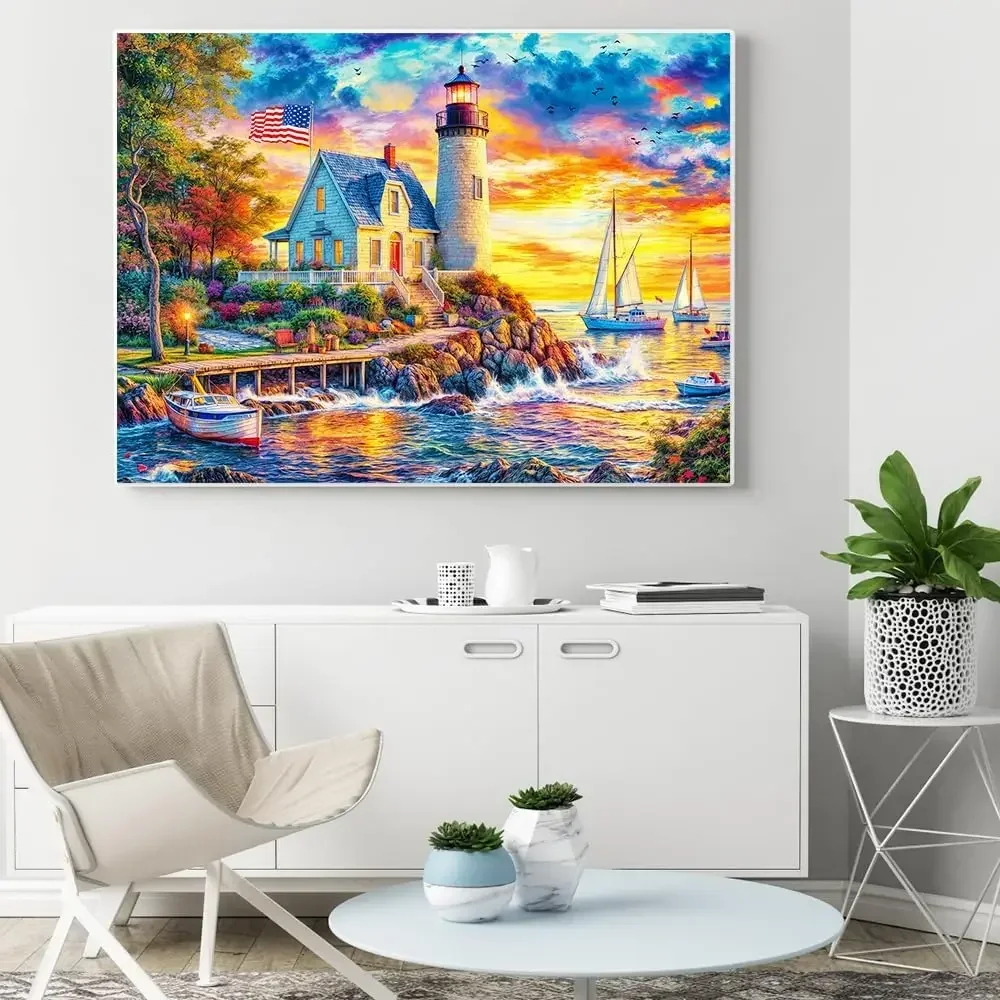 Sunset Lighthouse 500/300/120 Pieces Jigsaw Puzzles Challenging Family Activity Games for Gameroom Bedroom Livingroom