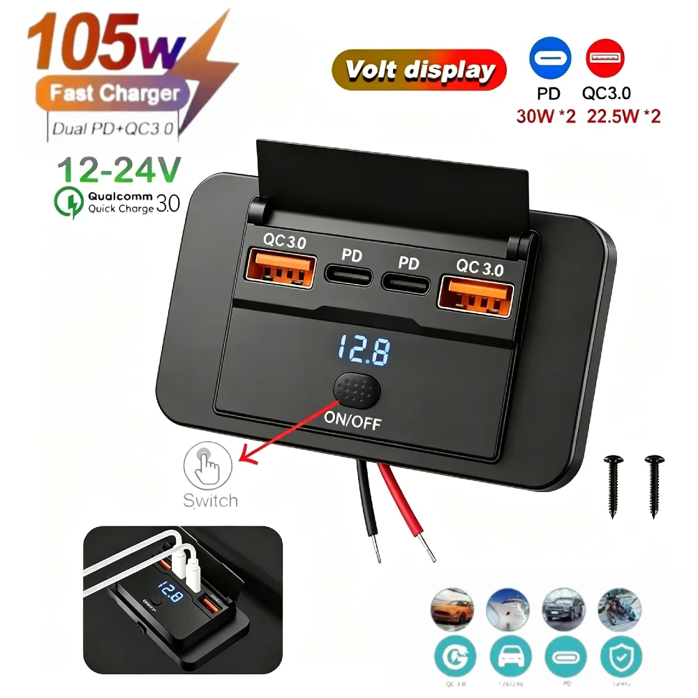 4-Port USB Car Charger Panel QC3.0 PD Fast Charge Socket 12V 24V with Voltmeter Switch for Car RV Boat Marine Motorcycle