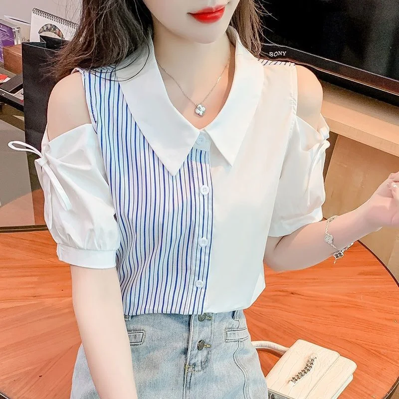 Short sleeved Chiffon Shirt for Women 2023 Summer Fashion Off Shoulder Beautiful Unique Top Wearing Foreign Small Blouse Shirt