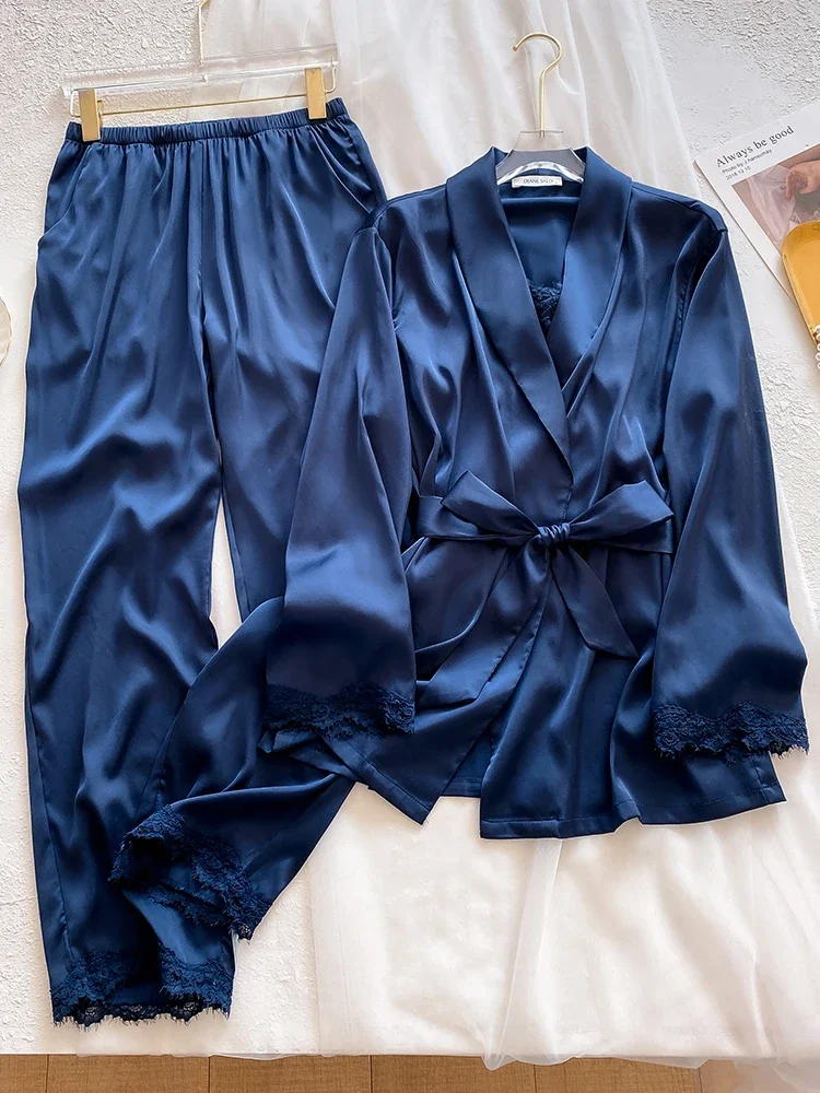 New sleepwear 100% mulberry silk solid color suspender pants nightgown three piece set home wear