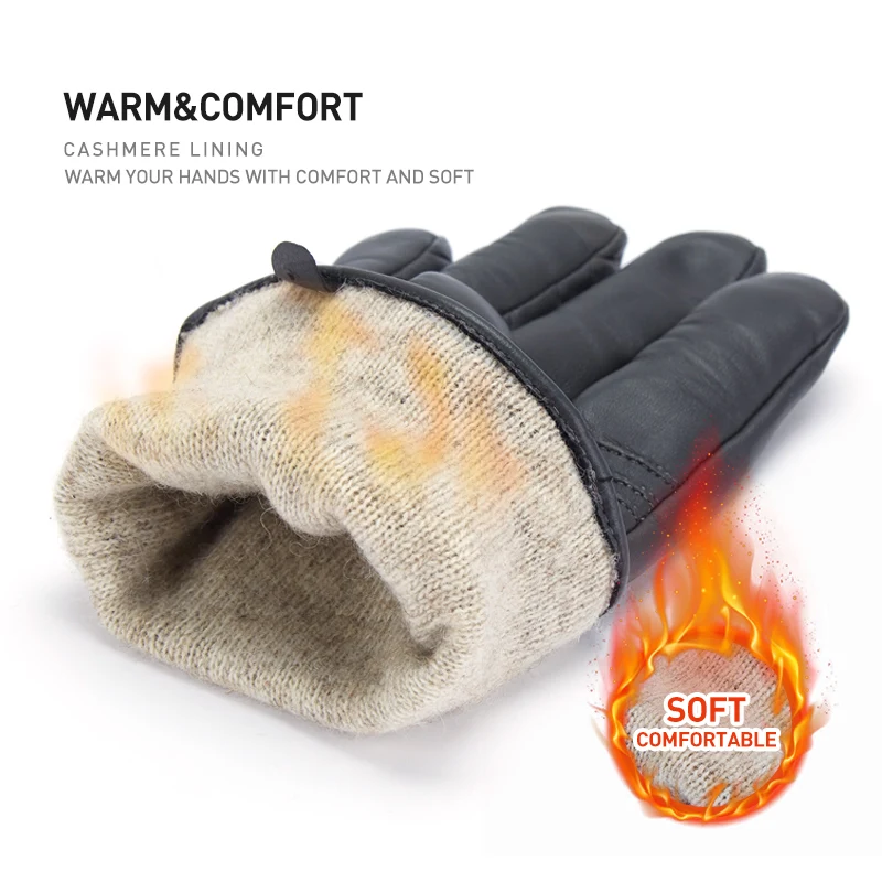 BISON DENIM-guantes de piel de oveja para hombre, manoplas de dedo completo para pantalla táctil, conducción al aire libre, invierno, cálidos