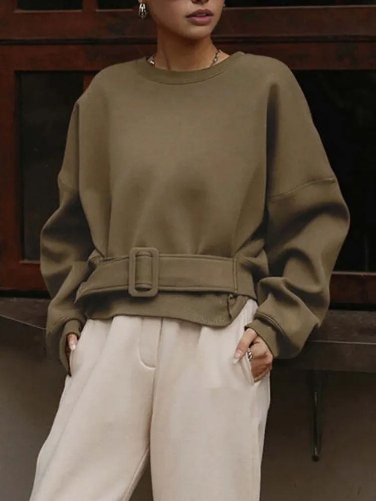 

Yeezzi 2025 New Spring Women's Fashion Belt Buckle Hoodies Tops Loose Long Sleeves Solid Color Round-Neck Casual Sweatshirts