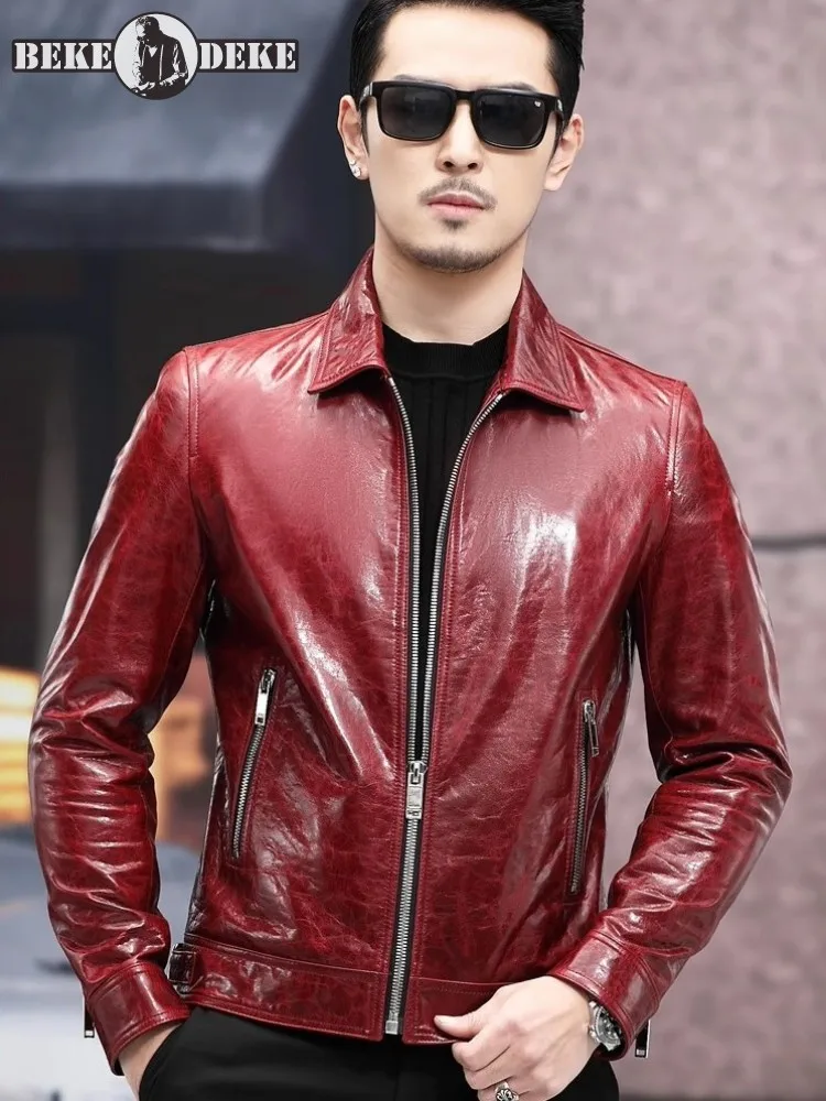 New Mens Genuine Leather Motorcycle Jacket Punk Zipper Slim Fit Lapel Glossy Sheepskin Coat Spring Autumn Street Outerwear Male