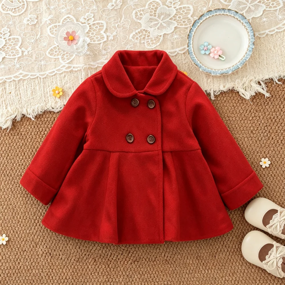 Girls' Outerwear Autumn And Winter Solid Color Casual Collar Baby Girl's Woolen Coat, Outdoor Warm Children's Woolen Coat