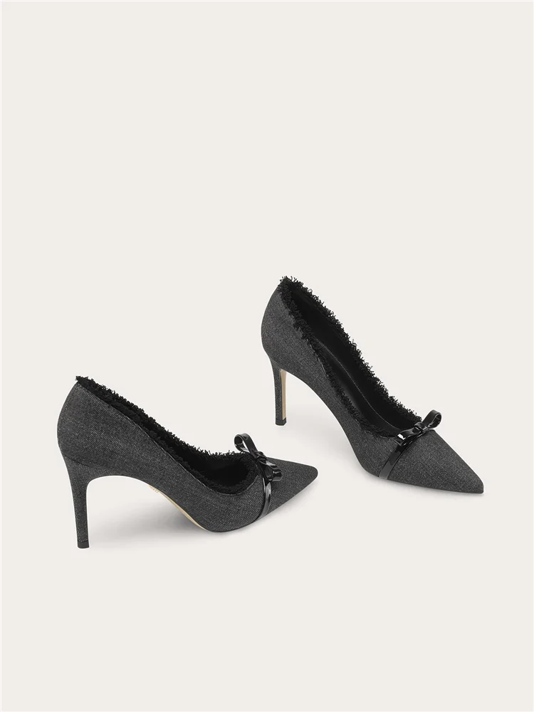 Autumn new pointed shallow mouth black denim fabric bow single shoes banquet large size small size widened high heels women shoe