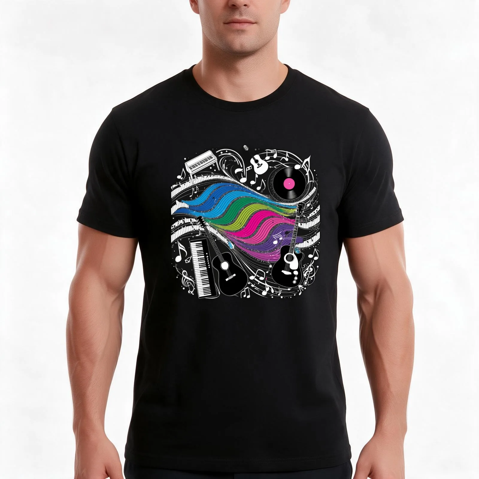 Vibrant Music-Themed Design with Colorful Sound Waves and Musical Elements T-Shirt Summer Casual Cotton Tee Unisex Men Women