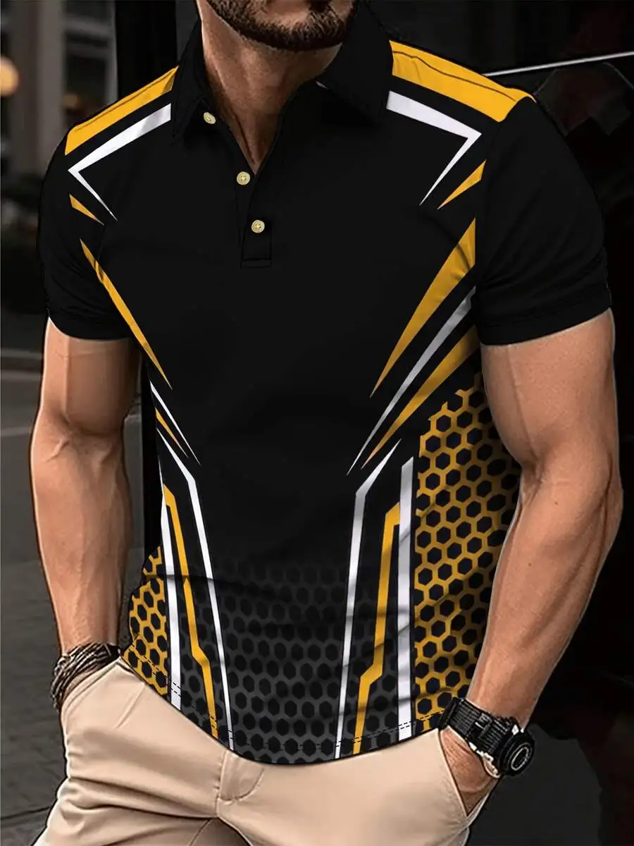 Mens 3D Printed Shirt With Honeycomb And Lightning Stripes Pattern Short Sleeve Casual