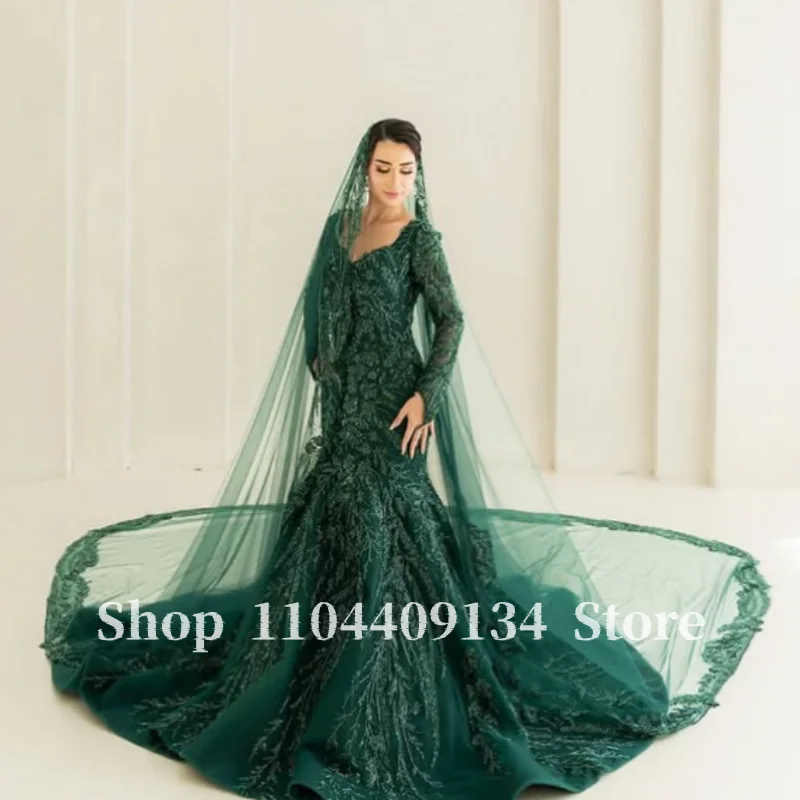 Dark Green Arabic Bridal Mermaid Gown Sweetheart Scallop Neck Full Sleeve Lace Appliques Cathedral Train Wedding Outfit Customiz