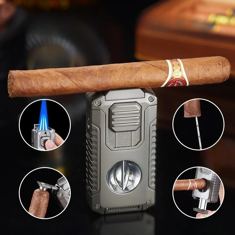 Metal Creative Three Fire Direct Charge Cigar Lighter,Multi Functional Five in One, Comes with Cigar Scissors,Men's Gift Lighter