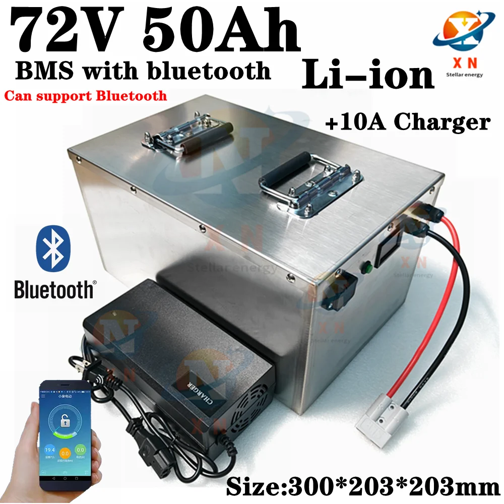 Waterproof 72V 50Ah lithium ion li-ion battery pack BMS 20S with bluetooth functions for scooter motorcycle ebike+10A Charger