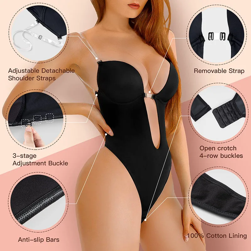 Invisible Underwear for Backless Dress Deep V-Neck U Plunge Thong Bodysuit Shapewear Transparent BraStraps Seamless Corset Bra