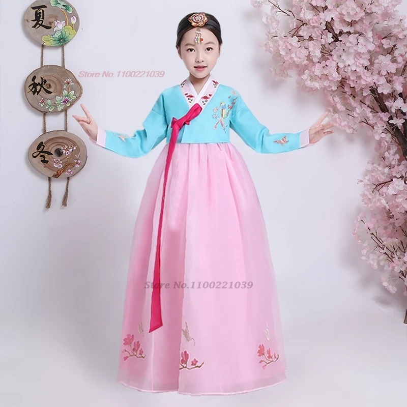 فستان كوري تقليدي لعام 2025 فستان عتيق للأطفال فستان أنيق لأداء المسرح فستان مطرز بالزهور الشرقية