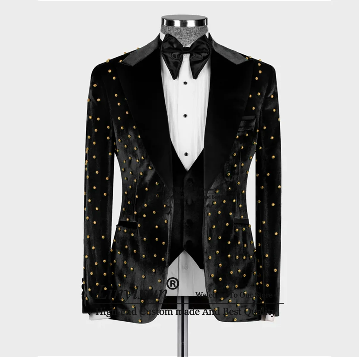 Luxury Velvet Pearl Bead Mens Suits Slim Fit Groom Wedding Tuxedos Bridegroom Prom Blazers Customized trajes de hombre