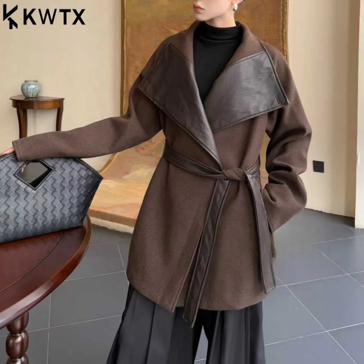 

KWTX 2025: женская повседневная куртка средней длины в стиле пэчворк с большими лацканами и поясом, карманами, винтажная шикарная элегантная осенне-зимняя верхняя одежда