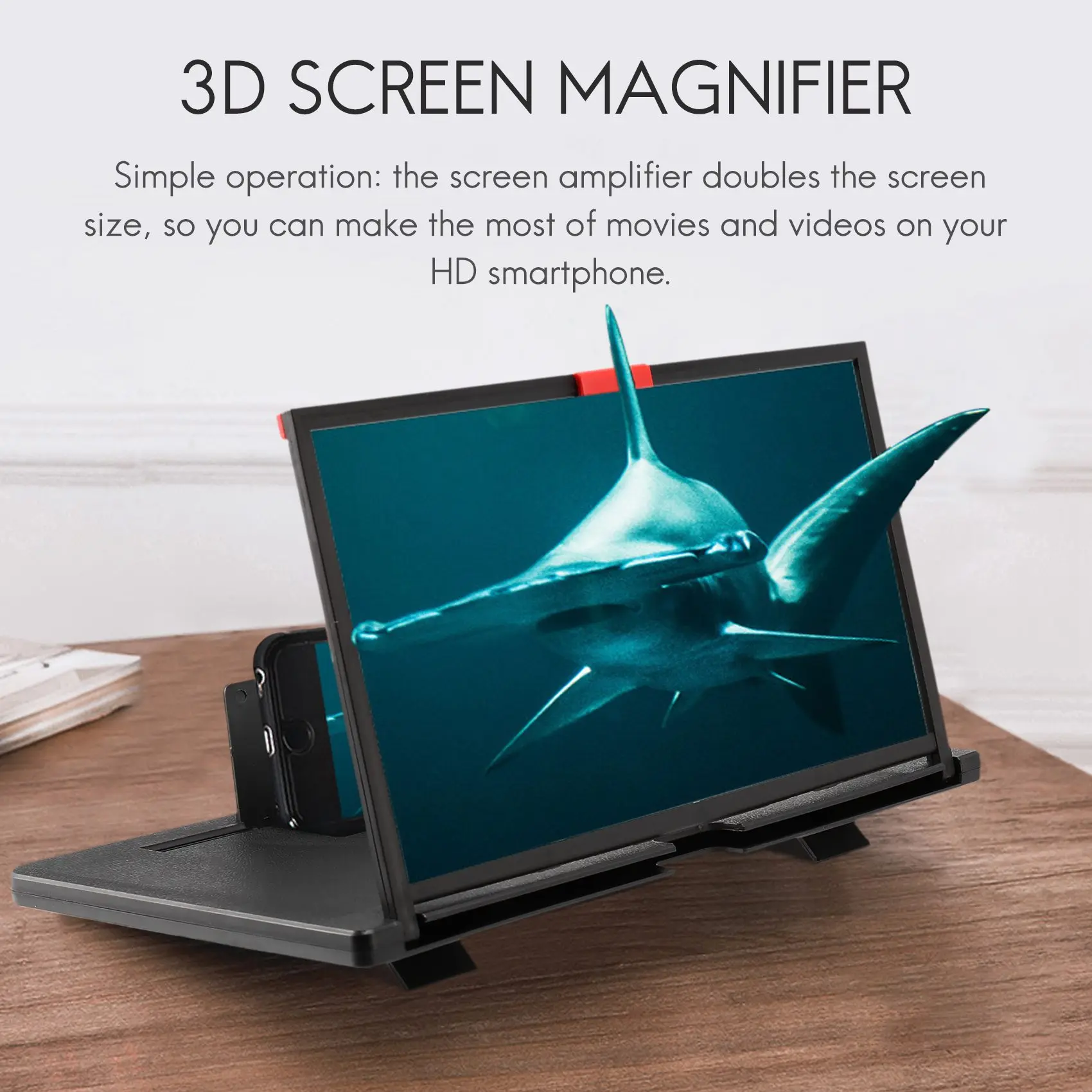 Lupa de pantalla para teléfono móvil, soporte amplificador de vídeo 3D HD de 12 pulgadas con juego de películas, soporte de escritorio plegable negro