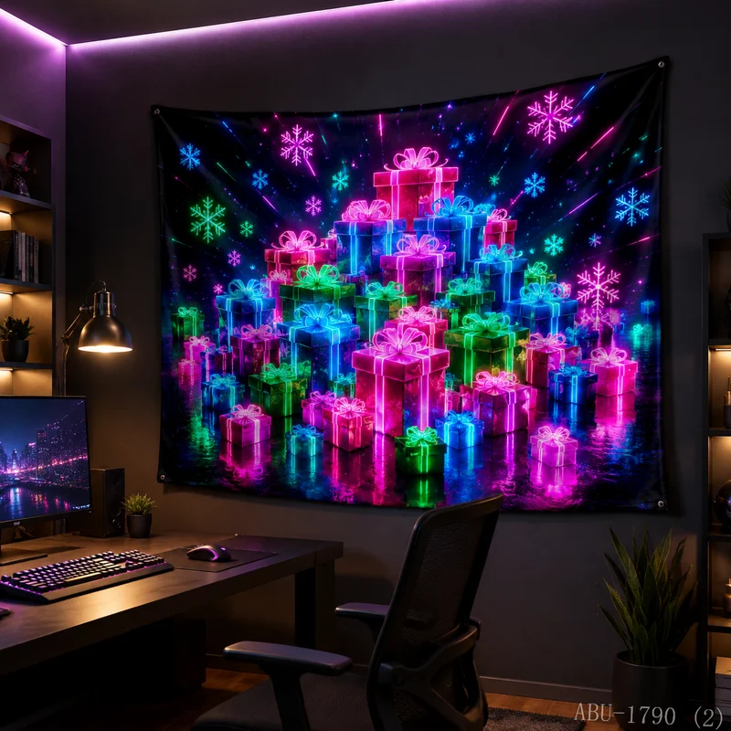VIKAMA Neon Rainbow Gift Box Pyramid Snowflake Radiant Light Water Reflection Black Glow Christmas Tapestry Wall Hanging Bedroom