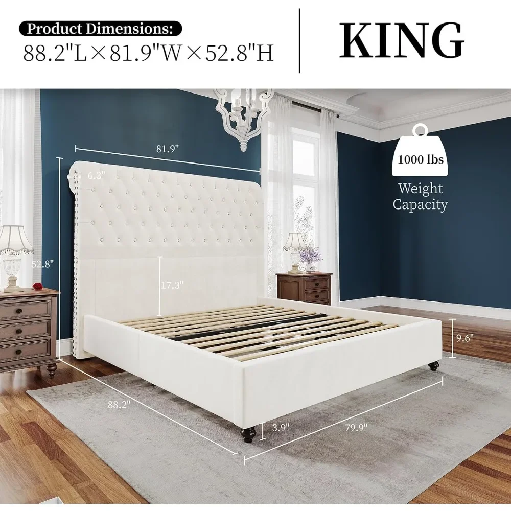 Bed Frame Upholstered Platform Bed with 52.8'' Tall Sleigh Headboard, Button Tufted, No Box Spring Needed, Easy Assembly