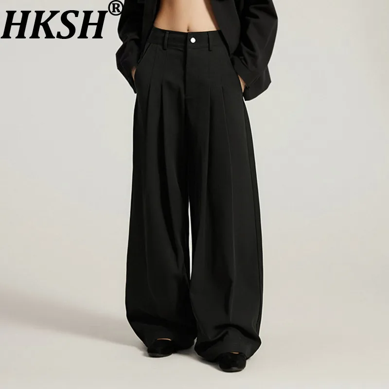 HKSH Autunno Nuove Donne Pantaloni a Gamba Larga di Colore Solido Pieghettato A Vita Alta Temperamento Alla Moda Office Lady Elegante Ins Bottoms HK11645