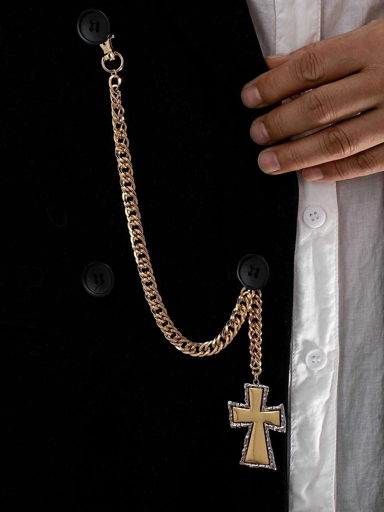 1 Punk Street Style Gold and Silver Two-Tone Cross Pendant Pocket Watch Chain, Suitable as a Fashionable Accessory for Festivals, Parties, and Clubs