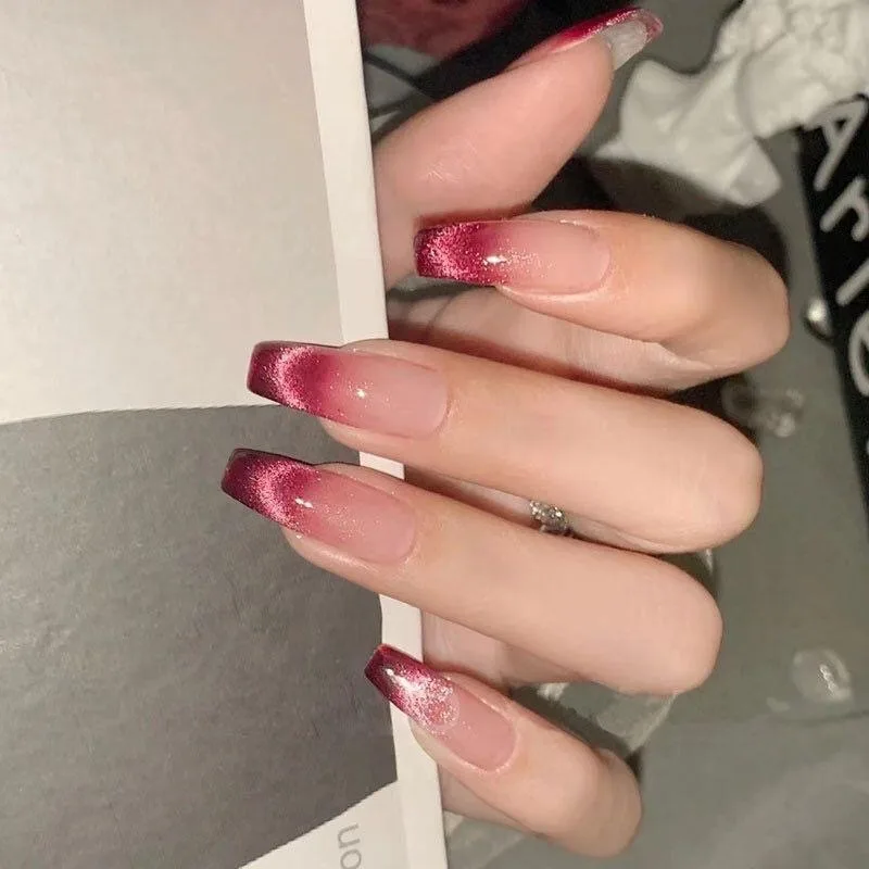 30 Pcs False Nails with Glue French Coffin Nails Press on With Charms Long Rose Gradient Cat Eye Fashion Nail Tips for Girls