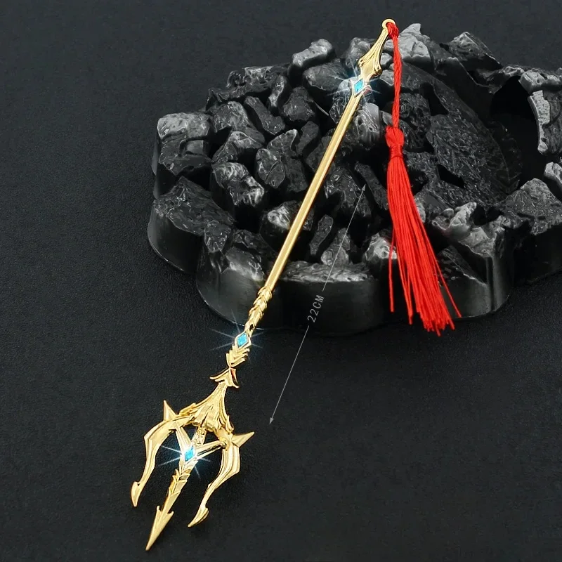 22CM Douluo Continent Anime Game Peripherals God of The Sea Poseidon Zinc Alloy Full Metal Spear Weapon Model Gift Boys Toys