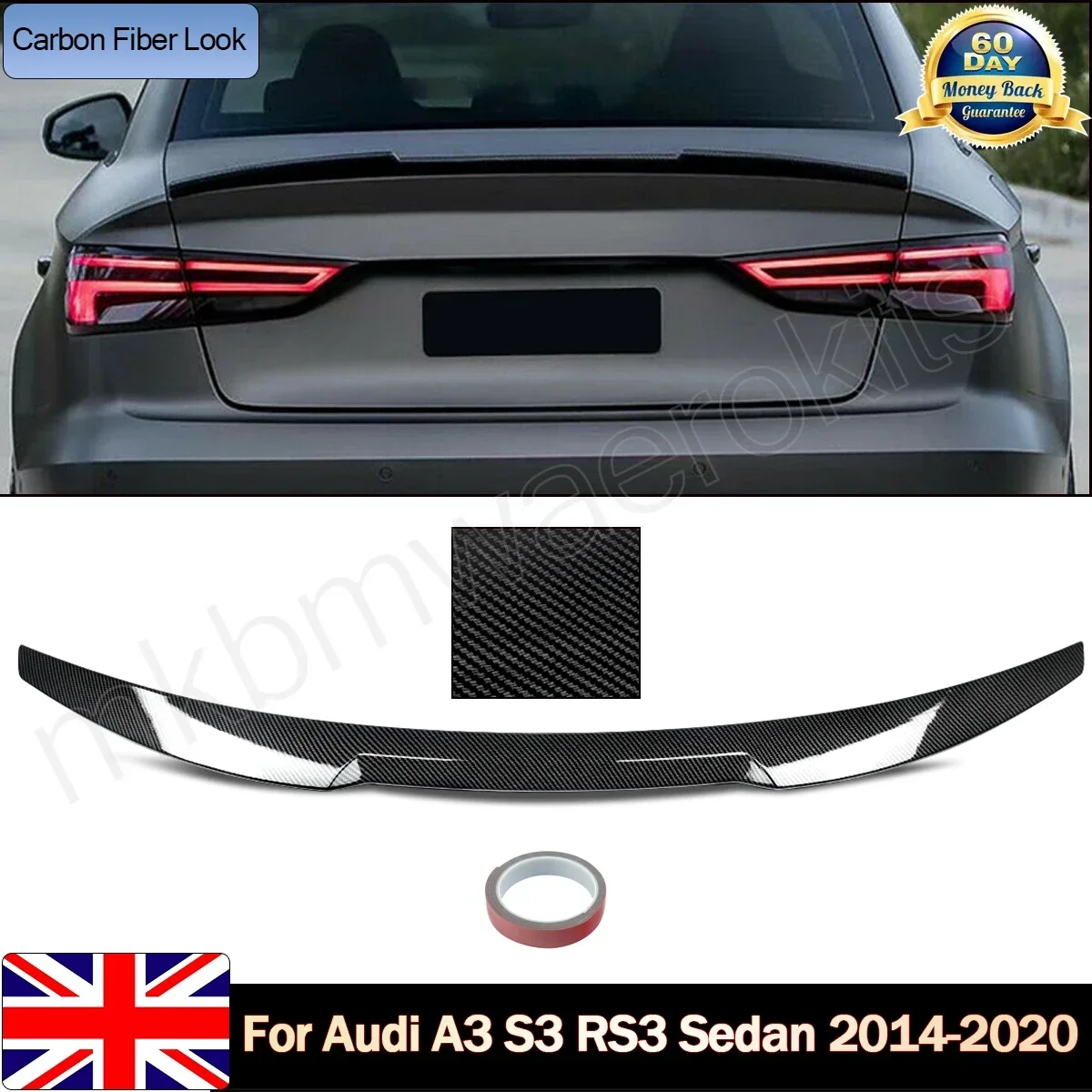 For Audi A3 S3 RS3 Sedan 2014-2020 V-Type Carbon Fiber Style Rear Trunk Spoiler