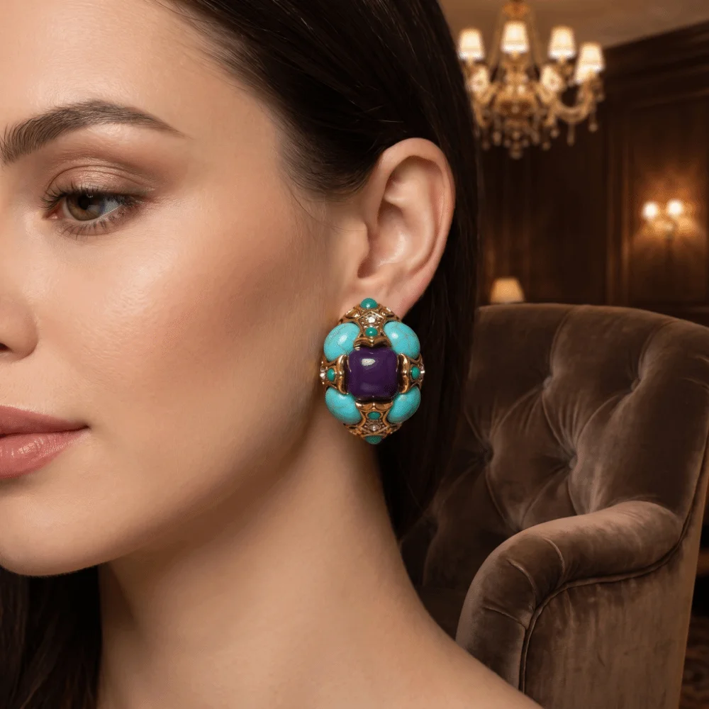 Alloy Irregular-shaped Ear Stud Peacock Blue Crystal Flower Earrings Vintage Elegant Medieval Resin Earrings Daily Wear