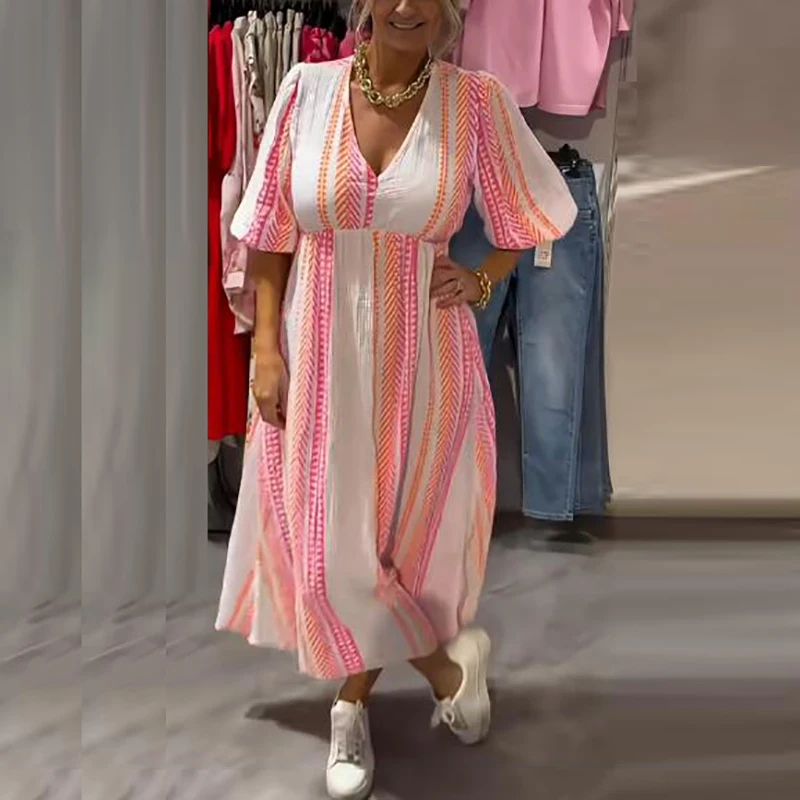 Summer Maxi Dresses For Women V Neck Striped Printed Beach Holiday Dress Women A-line Party Loose Long Dress Plus Size