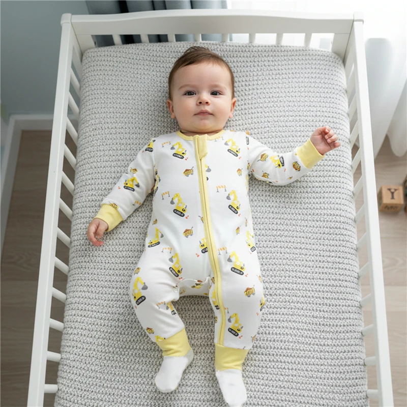 

Осенний комбинезон на косой молнии для маленьких мальчиков, комбинезон с длинными рукавами и круглым вырезом с принтом экскаватора, весенняя одежда для новорожденных