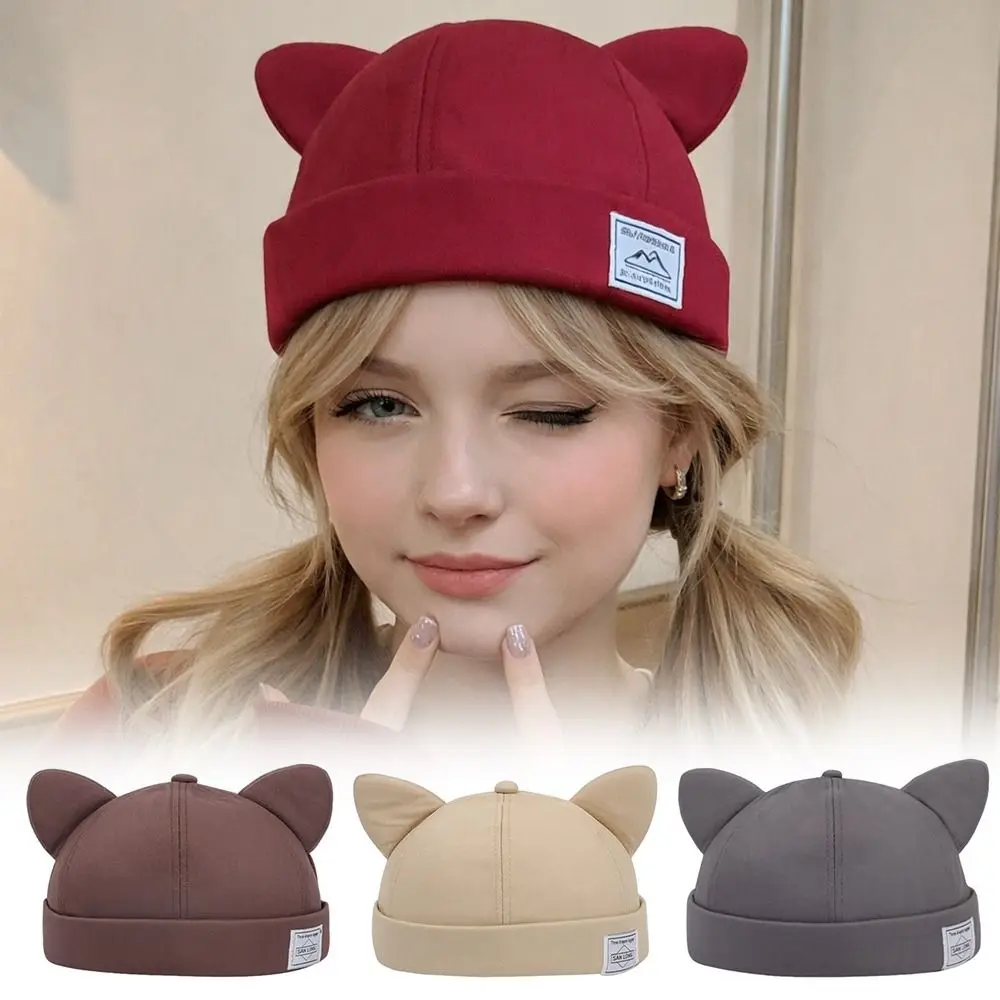 Casual Cotton Cat Ears Landlord Hat Adjustable Solid Color Beanie Hat Brimless Hip Hop Docker Cap Outdoor
